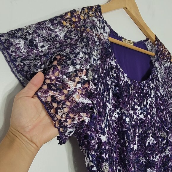 Brochure Women's Purple White Abstract Short Sleeve Scoop Neck Office Casual XL - Picture 4 of 10